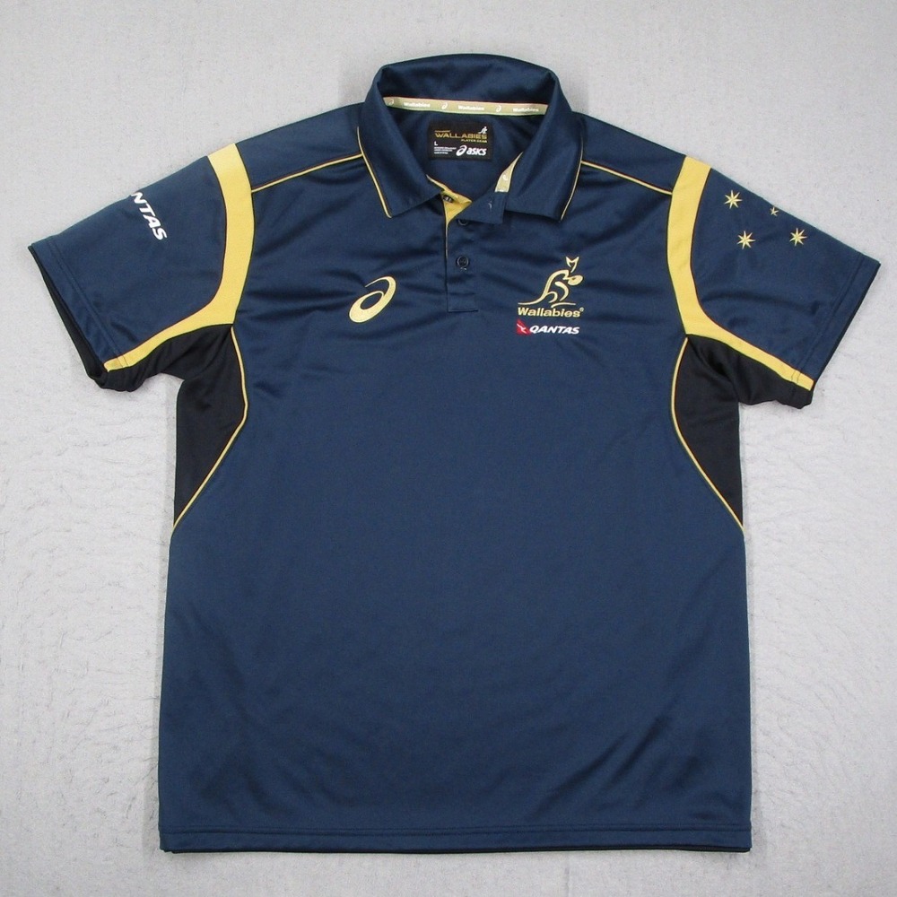 Asics Wallabies Rugby Union Polo Shirt Mens Large Navy Blue Gold Qantas 1861213